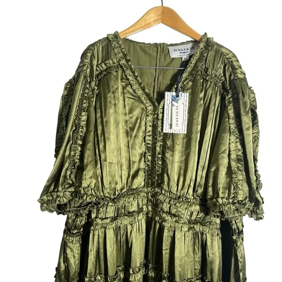 JESSAKAE x THE FOOD NANNY Liz Ruffle Tiered Puff Sleeve Midi Dress in Olive - Picture 5 of 12